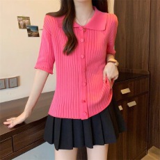 批发正肩针织<b class='q'>短袖</b>polo衫女新款设计感小众<b class='q'>T</b><b class='q'>恤</b>宽松漂亮小衫上衣