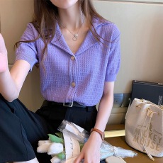 批发慵懒紫色冰丝针织衫女夏季新款韩版宽松薄<b class='q'>短袖</b><b class='q'>t</b><b class='q'>恤</b>百搭上衣潮