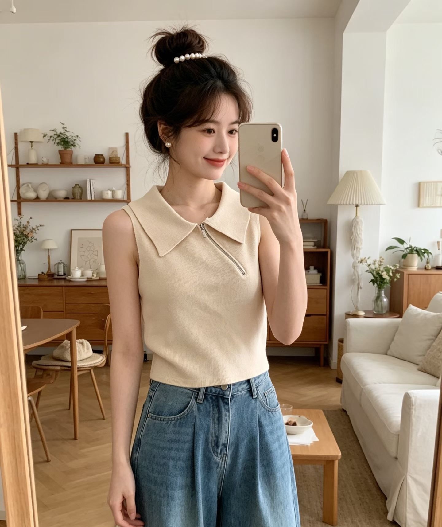 夏季新款设计感甜美时尚polo领斜拉链设计针织套头背心女 服裝批發女裝批發服飾貨源