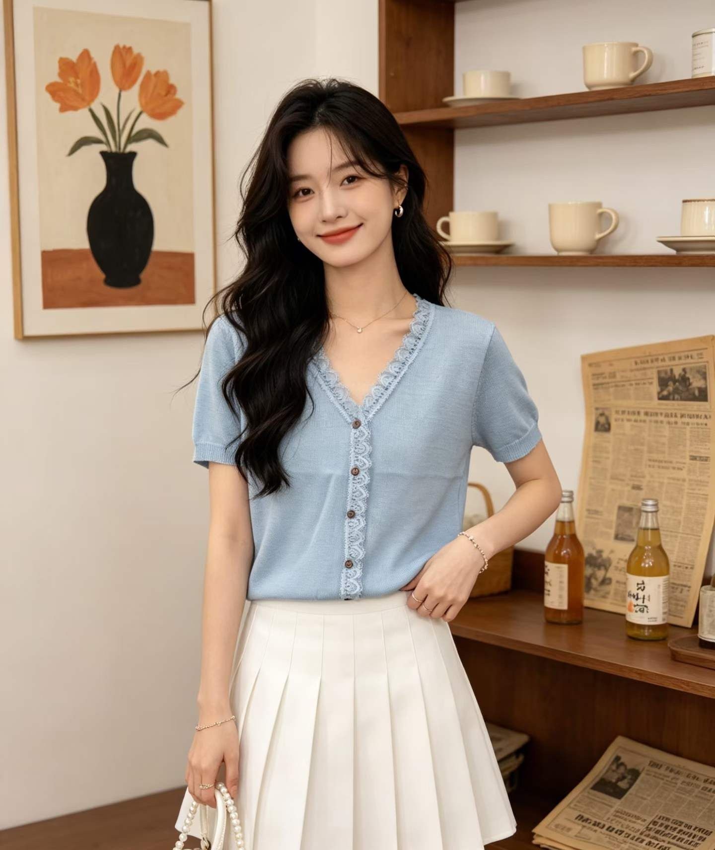 夏季新款设计感甜美洋气减龄V领蕾丝花边微透短袖开衫女 服裝批發女裝批發服飾貨源