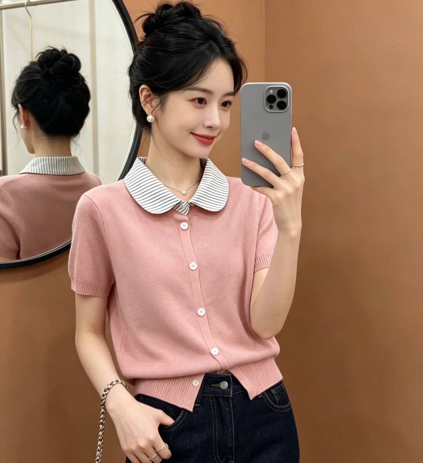 夏季新款设计感学院风竖条衬衣领拼接假两件短袖开衫女 服裝批發女裝批發服飾貨源