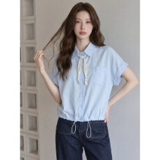 批发法式设计感丝带短袖<b class='q'>衬衫女</b>上衣夏季新款时尚百搭宽松薄款短款小衫