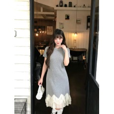 批发灰色钉珠短袖针织<b class='q'>连衣裙</b>女温柔风双层雪纺花边宽松直筒<b class='q'>中长</b>裙子
