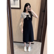 批发灰黑撞色木耳边蝴蝶结<b class='q'>连衣裙</b>女夏季宽松显瘦学院风<b class='q'>中长</b>款 T 恤裙