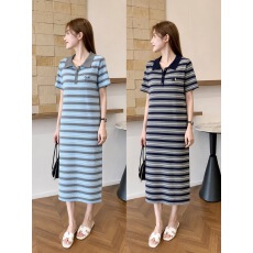 批发韩系撞色 Polo 领条纹<b class='q'>连衣裙</b>女夏季宽松显瘦<b class='q'>中长</b>款休闲短袖T恤裙