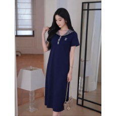 批发藏青条纹翻领 polo <b class='q'>连衣裙</b>女夏季小兔刺绣宽松显瘦短袖<b class='q'>中长</b>休闲裙