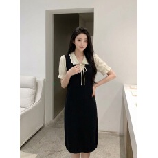 批发假两件波浪花边翻领系带<b class='q'>连衣裙</b>女温柔黑白色直筒<b class='q'>中长</b>款显瘦长裙