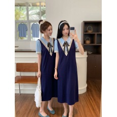 批发假两件学院风 polo 领<b class='q'>连衣裙</b>女夏季蕾丝拼接藏青减龄<b class='q'>中长</b>款闺蜜裙