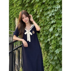 批发藏青海军领蝴蝶结徽章短袖<b class='q'>连衣裙</b>女宽松学院风<b class='q'>中长</b>款直筒T恤裙