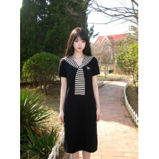 批发条纹海军披肩针织<b class='q'>连衣裙</b>女夏季宽松直筒小马刺绣休闲<b class='q'>中长</b>T恤裙
