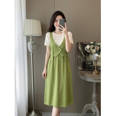 批发假两件V领背带<b class='q'>连衣裙</b>女夏季米白短袖拼接不规则宽松<b class='q'>中长</b>背心裙