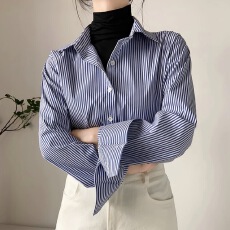 批发春秋新款蓝色职业条纹<b class='q'>衬衫</b>女长袖修身通勤上衣<b class='q'>时尚</b>洋气<b class='q'>衬衣</b>