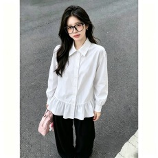 批发韩系通勤翻领<b class='q'>裙摆</b>衬衫女秋季气质衬衣设计感小众长袖蓝色翻领<b class='q'>上衣</b>
