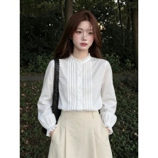 批发风琴褶白色长袖<b class='q'>衬衫女</b>春秋新款木耳边<b class='q'>立领</b>内搭叠穿衬衣上衣潮