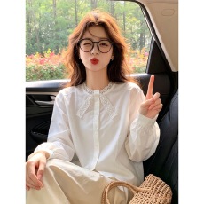 批发法式甜美领口拼蕾丝蝴蝶结<b class='q'>衬衫</b>女装减龄休闲百搭<b class='q'>时尚</b>白色长袖<b class='q'>衬衣</b>