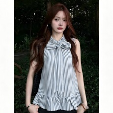 批发韩系通勤条纹挂脖无袖<b class='q'>衬衫</b>女蝴蝶结系带荷叶边<b class='q'>宽松</b>显瘦夏季上衣