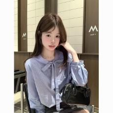 批发蓝色气质条纹系带<b class='q'>衬衫</b>新款设计蝴蝶结绑带休闲上衣长袖<b class='q'>衬衣</b>