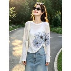 批发印花白色长袖t恤女夏季新款薄款防晒罩衫百搭显瘦上衣