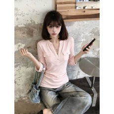 批发法式温柔风粉色V领半开襟中袖T恤女秋季新款修身显瘦气质上衣