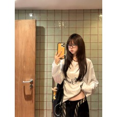 批发美式数字印花运动风宽松长袖t恤女夏季慵懒休闲防晒罩衫球衣上衣