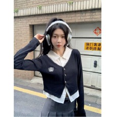批发韩版设计感假两件长袖学院风女装假两件针织衫长袖上衣女