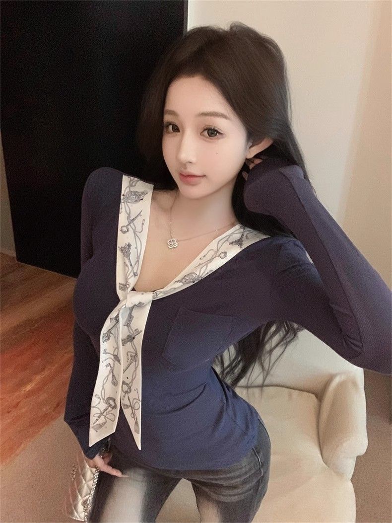 BY31843# 设计感系带辣妹长袖t恤女春秋新款修身显瘦正肩纯欲内搭上衣 服裝批發女裝批發服飾貨源