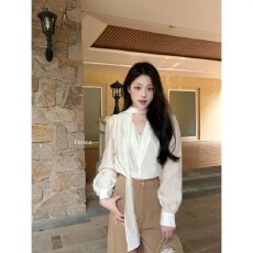 批发【Datong】早春法式知性<b class='q'>通勤</b>气质蕾丝拼接飘带v领设计感衬衫女