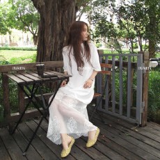 批发INAIEN 春夏'茉莉奶白”棉麻<b class='q'>拼接</b>羊毛钩花镂空<b class='q'>拼接</b><b class='q'>连衣裙</b>