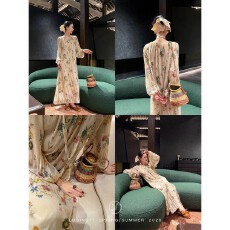 批发鹭青一原创【卉木】法式田园风印花压褶<b class='q'>雪纺</b>度假<b class='q'>连衣裙</b>