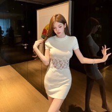 批发FAY【美人心计】纯欲腰部<b class='q'>蕾丝</b>短袖针织包臀<b class='q'>连衣裙</b>
