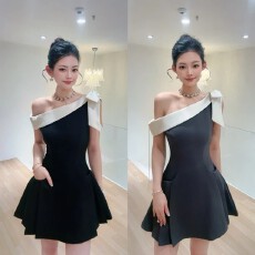 批发【柔嘉Yoga】法式赫本风收腰显瘦夏季斜领连衣<b class='q'>裙</b>气质西装<b class='q'>小礼服</b>