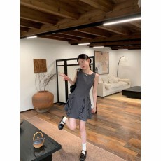 批发【北欧千金】21016 韩系高级感格纹系带<b class='q'>荷叶边</b>显瘦无袖<b class='q'>连衣裙</b>