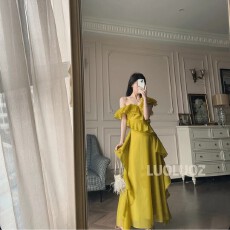 批发LUOLUOZ落日黄裙气质绝美仙气收腰<b class='q'>夏季</b>长款时尚<b class='q'>连衣裙</b>JF1257
