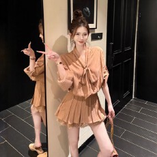 批发【玫瑰焦糖】法式飘带奶茶<b class='q'>蕾丝</b>衬衫<b class='q'>短裤</b>套装汉服/黄加蓝