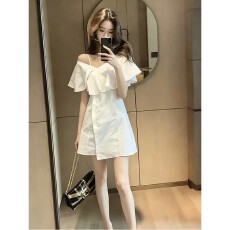 批发夏季新款小众别致露肩设计感连衣裙女韩版<b class='q'>时尚</b>百搭衬衫裙气质短裙