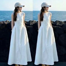 批发白色连衣裙子女夏季圆领无袖<b class='q'>背心</b>收腰显瘦垂感a字<b class='q'>长裙</b>