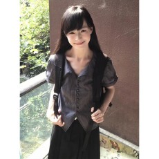 批发【原版做法】miu系条纹短袖衬衫女夏季穿搭<b class='q'>翻领</b>收腰衬衣修身上衣