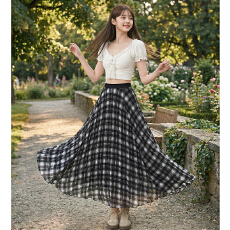 批发实拍2026春夏新款老钱风不规则裙子复古拼色格纹显瘦高腰A半身裙