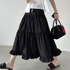 批发已出货 韩国chic复古休闲气质甜美百搭木耳荷叶边大摆蛋糕半身裙