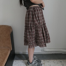 批发已出货 韩版复古日系格纹学院风松紧腰百搭木耳边半身裙伞裙女