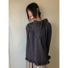 批发有货 韩国复古格子领口飘带蝴蝶结系带荷叶边泡泡袖衬衫日系上衣