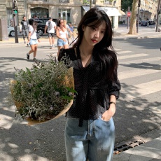 批发已出货 韩国chic法式气质优雅温柔V领飘带波点小个子雪纺上衣<b class='q'>衬衫</b>