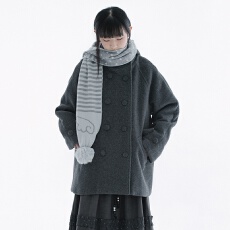 批发韩国小众设计师款复古日系连帽羊毛<b class='q'>大</b>衣毛呢双排扣外套冬