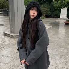 批发韩国INS<b class='q'>甜美</b><b class='q'>日系</b>学院风连帽夹棉加厚毛呢外套小个子大衣