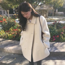 批发韩版秋冬气质温柔减龄翻领双排扣小个子夹棉毛呢外套<b class='q'>大衣</b>