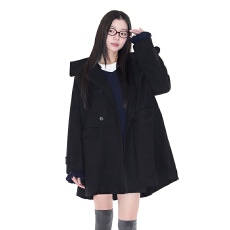 批发韩国ins复古气质海军大翻领设计双排扣中长款毛呢外套大衣