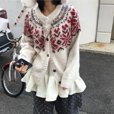 已出货 韩版日系小众复古费尔岛单排扣圆领百搭气质毛衣开衫外套