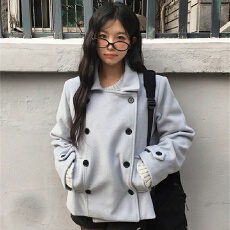 批发已出货 <b class='q'>韩国</b>复古学院风日系少<b class='q'>女</b>翻领双排扣夹棉小个子毛呢外套<b class='q'>女</b>