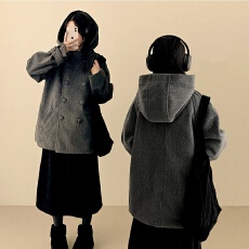 批发已出货 韩国小众设计感复古日系学院风连帽双排扣大衣毛呢外套冬