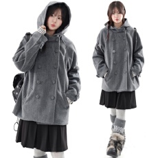 批发已出货 韩国ins小众复古日系学院风连帽双排扣中长款毛呢大衣外套